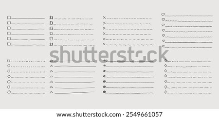 Collection of vector isolated outline hand drawn check to do list, bullet, check mark and check box in a doodle sketch cartoon style. Set of paper note with task plan.