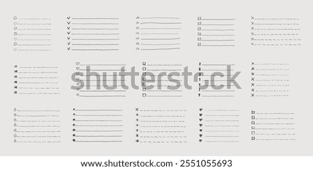 Collection of vector isolated outline hand drawn check to do list, bullet, check mark and check box in a doodle sketch cartoon style. Set of paper note with task plan.