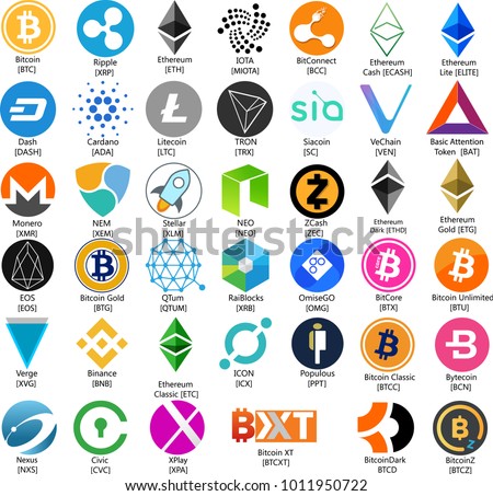 Mega Big Vector Illustration Set Collection Of Bitcoin Ethereum Ripple Monero Dash TRON IOTA Binance NEO  EOS Verge Litecoin BitConnect  Cryptocurrency Coin / Virtual Money Icon / Logotype In Color
