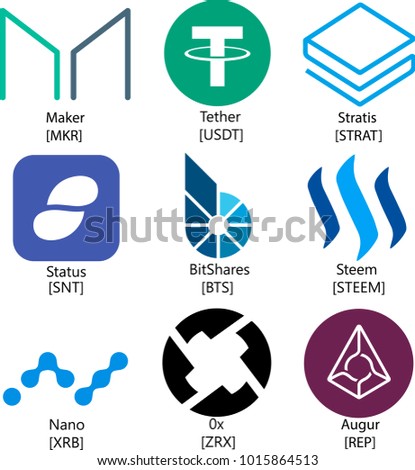 Vector Illustration Of Set Collection Maker, Tether, Status, Stratis, BitShare, Steem, Nano, 0x, Augur, MKR, REP, SNT, USDT, ZRX, STRAT, XRB, BTS Cryptocurrency Coin / Virtual Money Icon / Logotype