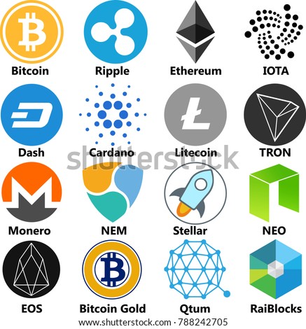 Vector Illustration Of Bitcoin, Ripple, Ethereum, Dash, Cardano, Litecoin, Monero, NEM, Stellar, IOTA, TRON, NEO, EOS, Bitcoin Gold, Qtum, RaiBlocks Cryptocoin / Virtual Money Icon / Logo Set In Color