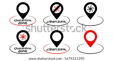 Map pins with round zone for virus area or area without coronavirus. Map pin with cell of coronavirus. Symbol of virus clean zone and quarantine area. Vector illustration in flat style