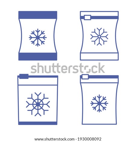 Set of vector frozen food bag. Freeze bag. Containers and bags for food semi-finished products frozen. Vacuum packed for freezing of food. Blue color icons set. Vector outline symbol