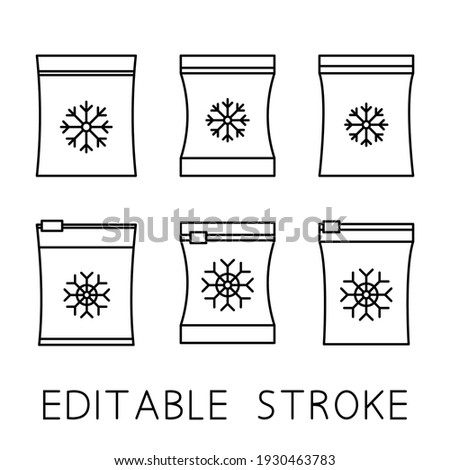 Set of vector frozen food bag. Freeze bag. Containers and bags for food semi-finished products frozen. Vacuum packed for freezing of food. Outline icons set. Vector symbol