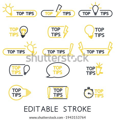 Top tips, helpful tricks, tooltip, hint for website. Set of tricks top tip solution, helpful advice text shapes. Vector icon of solution, advice. Helpful idea outline icons. Vector