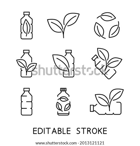 Recycle plastic bottle. Biodegradable icons. Icons of plastic bottle with green leaves. Eco friendly compostable material production. Zero waste, nature protection concept. Vector