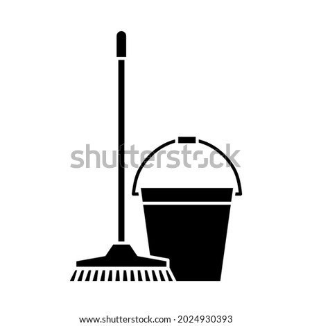Mop and bucket, cleaning icons. Washing housekeeping equipment sign. Cleaning mop with bucket in glyph style. Vector