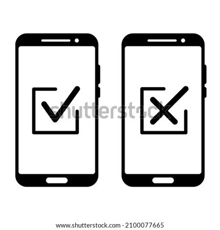 Check mark icons. Symbols of approving and declining in mobile phone screen. Mobile payment. Vector
