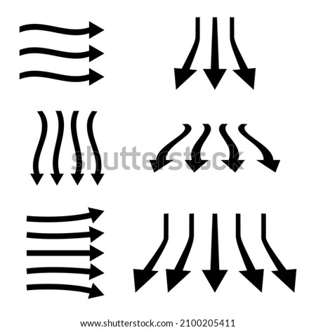 Set of black color arrows. Clean, fresh air flow. Filtration direction, arrows. A stream of cold air from the conditioner. Wind direction. Vector