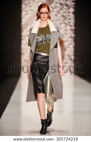 A model walks on the Saint-Tokyo catwalk. FALL 2015. MERCEDES-BENZ FASHION WEEK RUSSIA. 28 March 2015, Moscow, Russia.