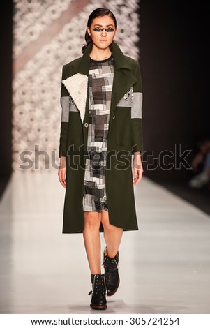 A model walks on the Saint-Tokyo catwalk. FALL 2015. MERCEDES-BENZ FASHION WEEK RUSSIA. 28 March 2015, Moscow, Russia.