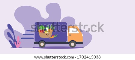 food delivery flat vector website banner with violet and orange delivery car and vegetables basket, violet background and floral elements. Quarantine food shopping illustration