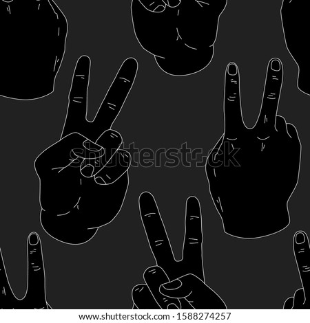 Seamless pattern gesture in the form of two fingers raised up on a gray background. Vector illustration of a man's hand shows the number two on the fingers in a flat style. Gesture of peace and succes Photo stock © 
