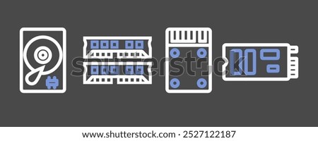 PC Parts symbol - modern HDD, SSD, RAM and M2 SSD icon symbol