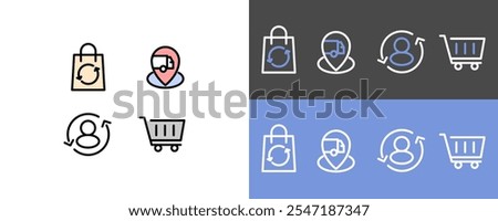 E commerce and online shop symbol set - modern cart refresh, delivery location, user refresh and cart icon symbols