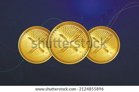 XRP token symbol. Set of Gold Realistic Cryptocurrency Coins on a blue crypto business background with a rise and fall graph. digital currency. digital coins. Forex. Poster. Vector illustration