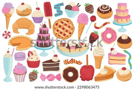 Collection of colorful cartoon illustrations of various desserts and treats. Isolated hand drawn vectors.