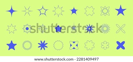 A set of different elements, stars and flowers in the style of Y2K. Abstract Forms 2000s for Design