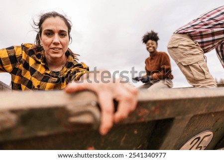 Image, Stock Photo farmers collecting olives in field of spain