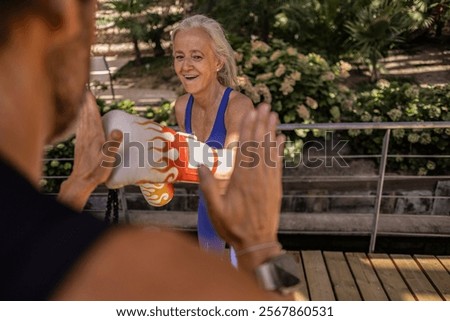 Similar – Image, Stock Photo Focused Senior Woman Practicing Yoga With Hands Clasped