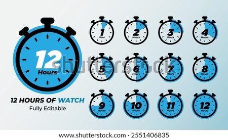 Set of timers. 1,2,3,4,6,7,8,9,10,11 and 12 hours. Countdown timer icons set. Isolated vector illustration.