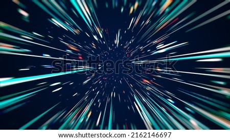 Cosmic hyperspace background. Speed of light, Hyper jump into another galaxy, multicolored glowing neon rays, Warp, Teleport, Hyper Speed Jump Effect Concept. 3D Rendering Illustration. ストックフォト © 