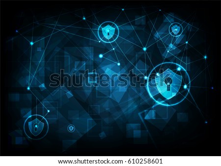 Cyber security concept: Shield With Keyhole icon on digital data background. Illustrates cyber data security or information privacy idea. Blue abstract hi speed internet technology.