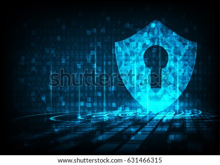 Cyber security concept: Shield With Keyhole icon on digital data background. Illustrates cyber data security or information privacy idea. Blue abstract hi speed internet technology.