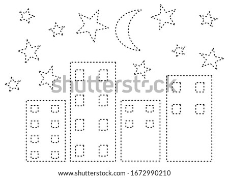 Kid art dashed line, building of night dashed line, color book,