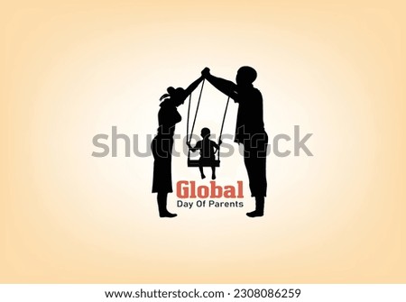 The baby is swinging in the cradle with the father and mother holding their hands representing Global Day of Parents.
