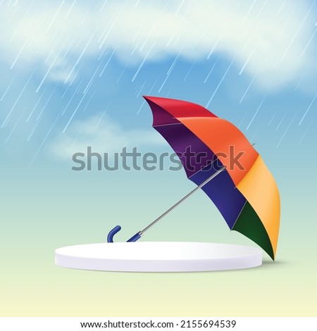 Isolated umbrella with podium for product placement with monsoon background 