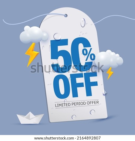 monsoon offer tag 50 percent off written on price tag surrounded with monsoon elements