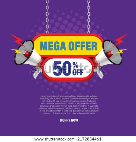 Hanging mega offer discount board announcing megaphones