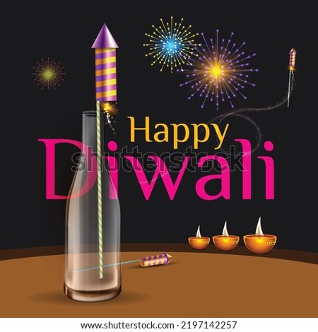 Rocket in glass bottle, fireworks in night sky. Happy Diwali concept
