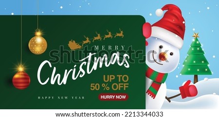 Christmas special offer banner template and greeting banner with reindeer, snowman holding placard doing a thumbs up and snowflakes.