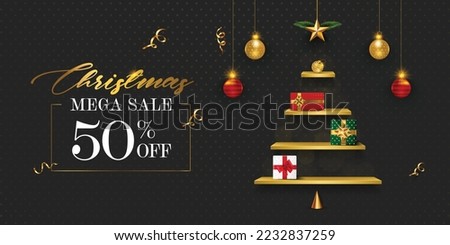 Christmas sale discount banner template . Shelf rack in the shape of Christmas tree decorated with festive elements