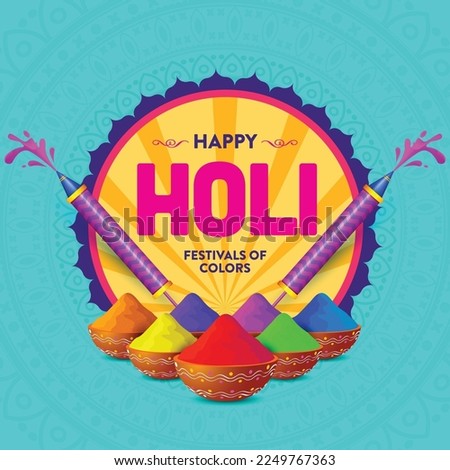 Vector illustration of colourful Happy Holi. colours in different bowl and pichkari