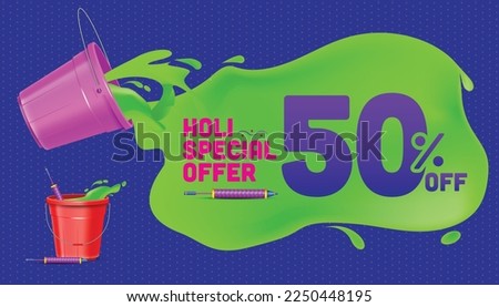 Holi festival offer banner template. color splash coming out from bucket