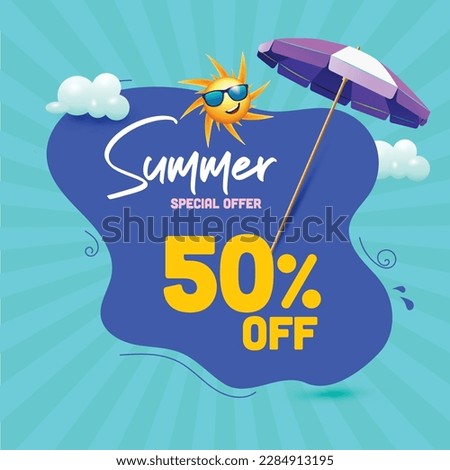 Summer Sale offer unit template with summer elements Parasol and sun in clouds