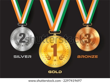 Sports medals. Golden silver bronze medal with indian colors. Champion winner awards of honor 