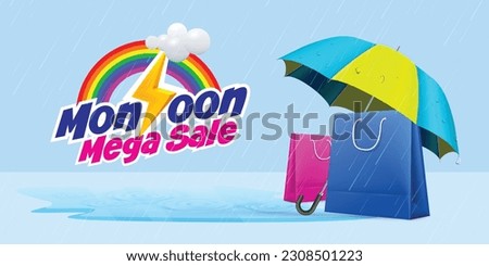 monsoon mega sale banner template. shopping bas under umbrella in rain
