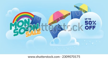 monsoon mega sale banner template. shopping bas under umbrella in clouds