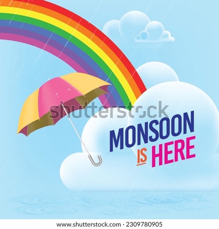 monsoon bakgroun. modern clouds in sky with umbrella and rainbow