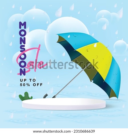 Isolated umbrella with podium for product placement with monsoon background