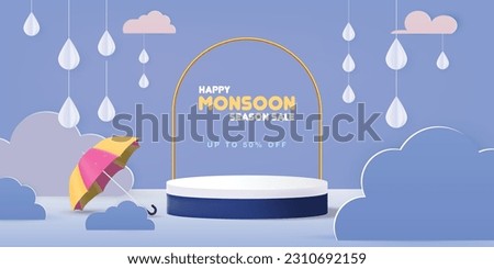vector monsoon banner template with product podium, modern clouds, water drops on umbrella and raindrops

