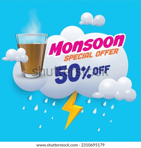 vector illustration of monsoon offer unit with clouds, thunder and raining clouds with tea in glass