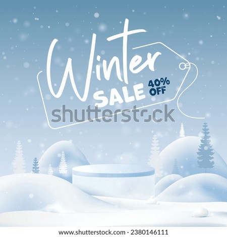 Winter sale product banner, podium platform with snow mountains and snowflakes background