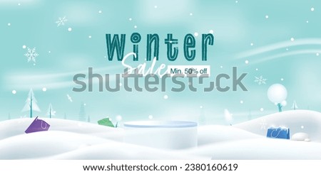 winter sale offer background temple podium in snow background with shopping bags around