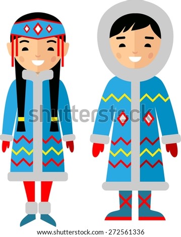 Vector illustration of eskimo children, boy, girl, people Set of eskimo woman and man dressed in national costumes
