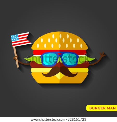 Cheeseburger Icon flat icon with long shadow, eps10, for menu, cafe and restaurant. Flat design vector isolated on black background.Cartoon hipster character with mustache and sunglasses, flag USAa .